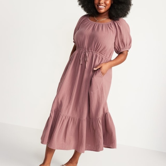 Old Navy Dresses & Skirts - Old navy Puff-Sleeve Scoop-Neck Waist-Defined Midi Puff-Sleeve
